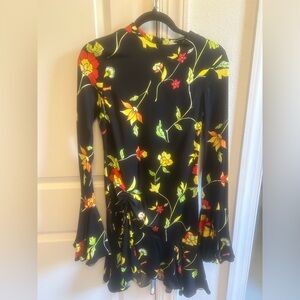 Caroline Constas Black Floral Midi Dress with Red & Yellow Blooms